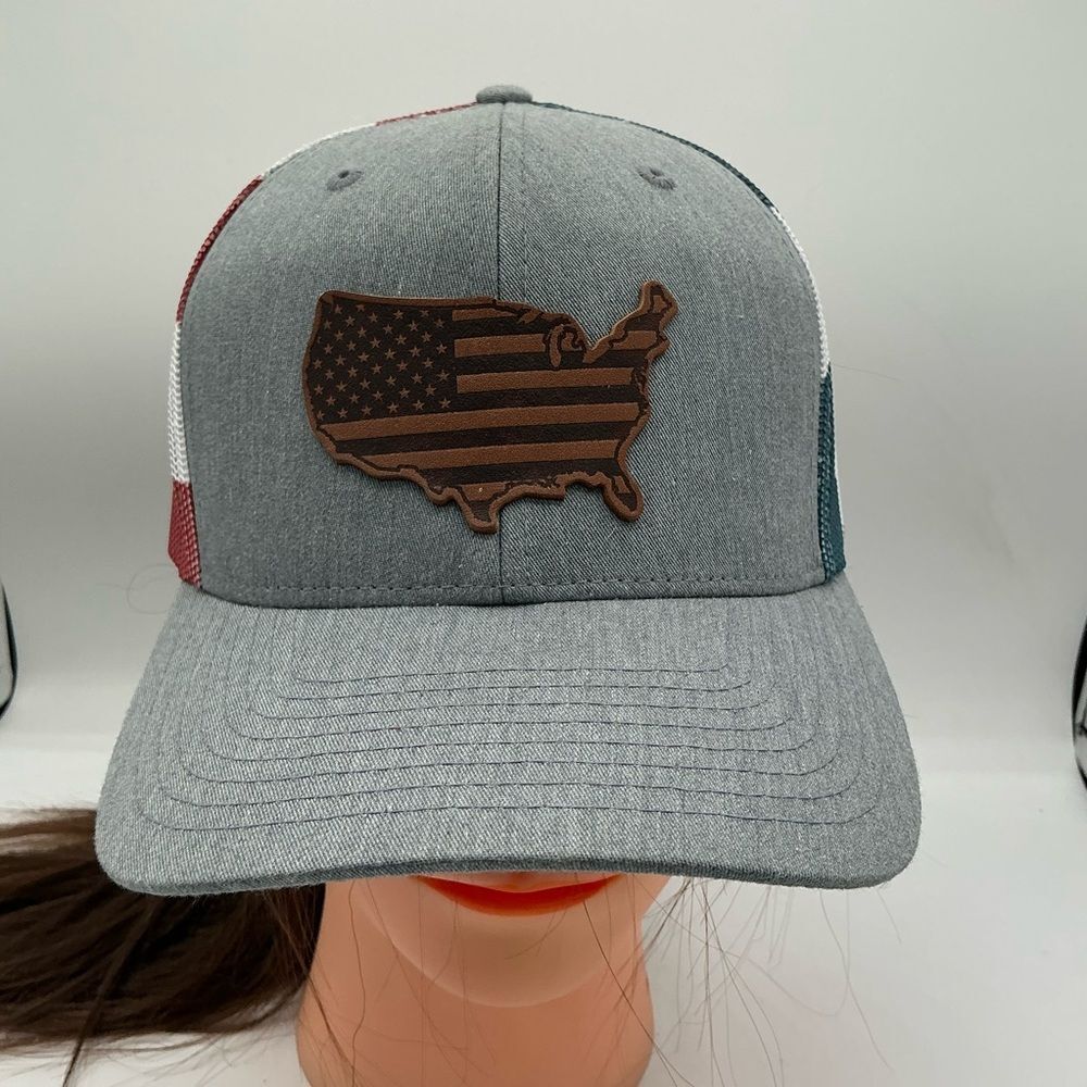 Richardson Gray American flag Trucker Hat with USA leather Flag Patch